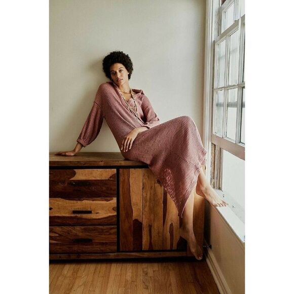 NWT FREE PEOPLE BEACH Sz S PACIFIC RIBBED MAXI SHIRT DRESS COVERUP SMOKED ROSES - Picture 1 of 3